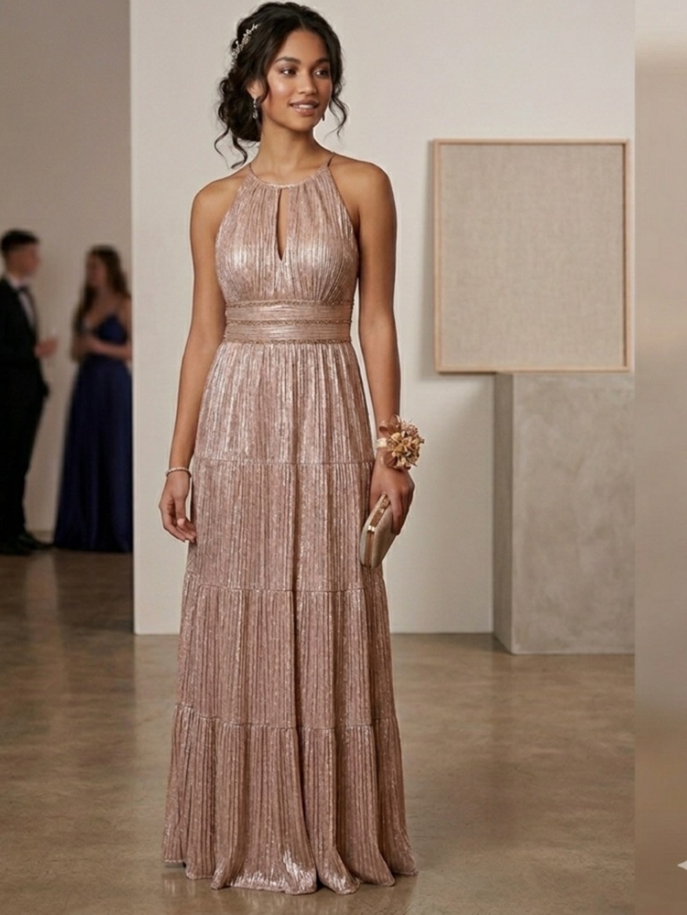 R&M Richards Rose Gold Metallic Plisse Maxi Dress Rhinestone Waist NWT 6